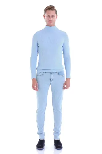 Mavi Comfort Fit Fitilli Balıkçı Yaka Yünlü Yün Kazak-Mavi - 4