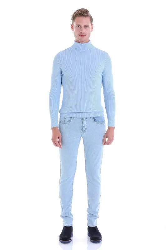 Mavi Comfort Fit Fitilli Balıkçı Yaka Yünlü Yün Kazak-Mavi - 4