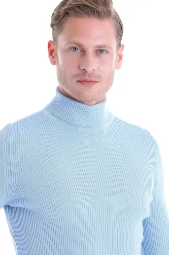 Mavi Comfort Fit Fitilli Balıkçı Yaka Yünlü Yün Kazak-Mavi - 5