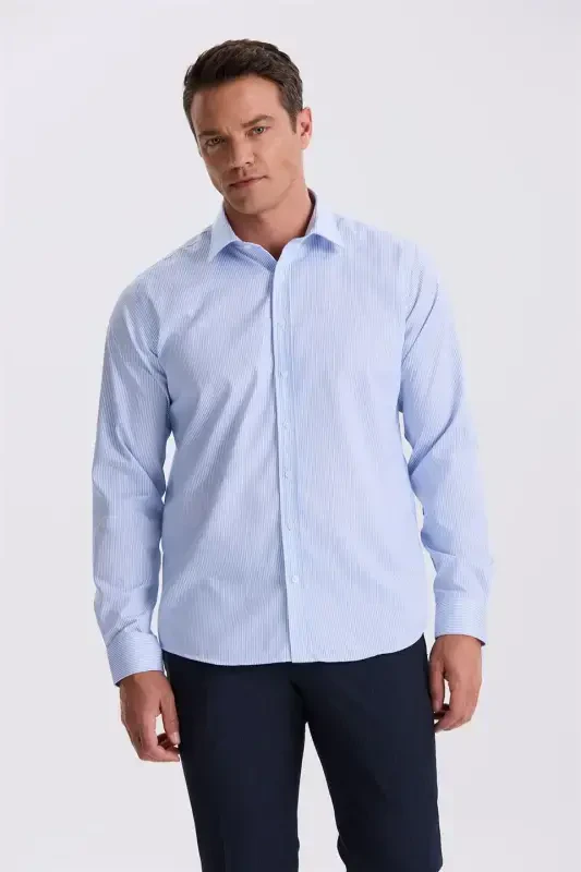 Mavi Comfort Fit Ütü Gerektirmeyen %100 Pamuk Çizgili Non İron Gömlek - 1