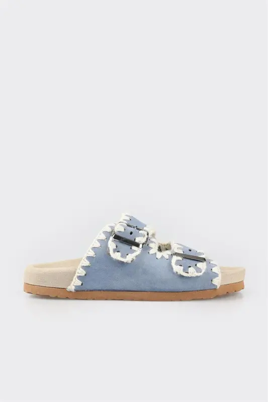Mavi Deri Kadın Düz Terlik - Mavi - ELLE SHOES