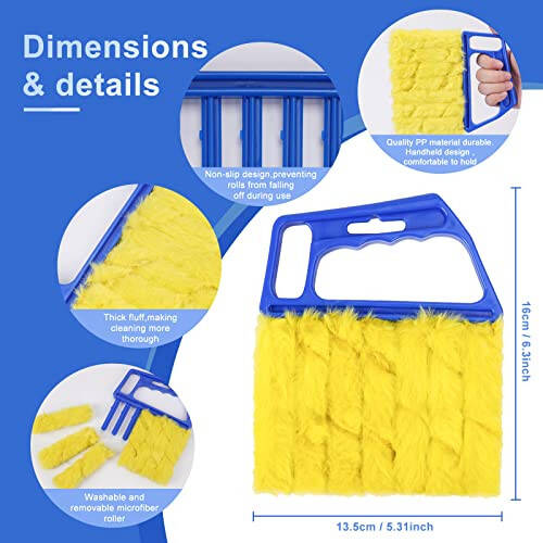 Blue Handheld Mini Blinds Cleaner Shutters, Curtain Brush Dust Remover with 7 Removable Microfiber Sleeves, Air Conditioning Home Gadgets, Car Vents, Fan Shutters (Blue, with 7 Blades) - 3