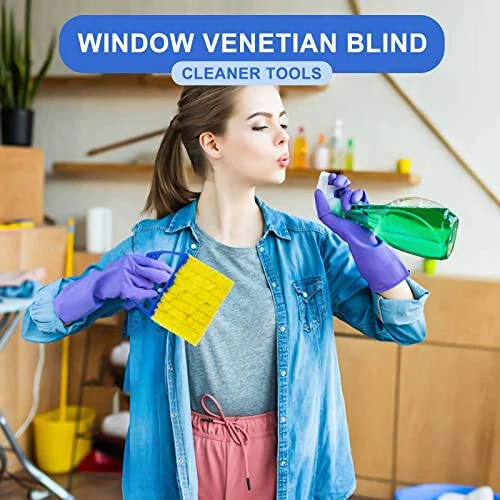 Blue Handheld Mini Blinds Cleaner Shutters, Curtain Brush Dust Remover with 7 Removable Microfiber Sleeves, Air Conditioning Home Gadgets, Car Vents, Fan Shutters (Blue, with 7 Blades) - 6