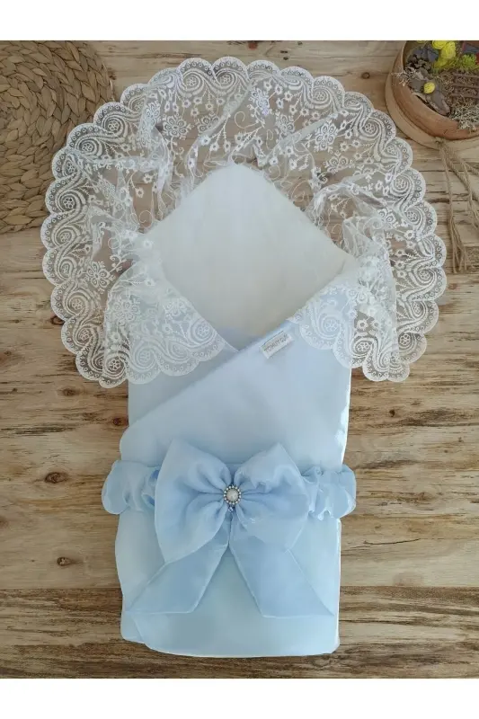 Dantelli Mavi Erkek Bebek Kundağı– Yenidoğan Hastane Çıkışı Battaniyesi, Mevlütlük Hediyelik-MAVİ - 2