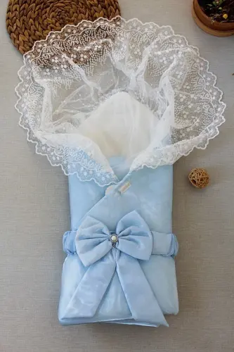 Dantelli Mavi Erkek Bebek Kundağı– Yenidoğan Hastane Çıkışı Battaniyesi, Mevlütlük Hediyelik-MAVİ - 3