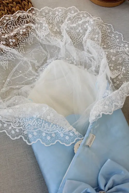 Dantelli Mavi Erkek Bebek Kundağı– Yenidoğan Hastane Çıkışı Battaniyesi, Mevlütlük Hediyelik-MAVİ - 5