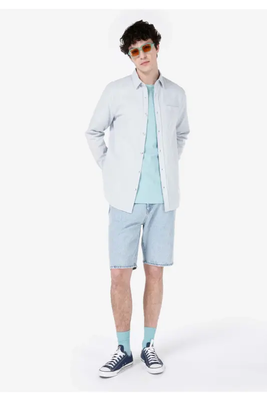 Comfort Fit Shirt Neck Düz Cepli Erkek Mavi Uzun Kol Gömlek - AÇIK MAVİ - 3