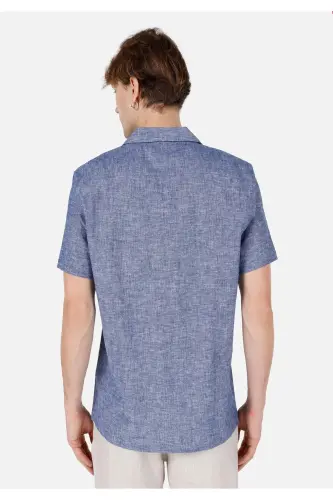 Comfort Fit Shirt Neck Düz Erkek Mavi Cepli Kısa Kol Gömlek - İNDİGO - 2