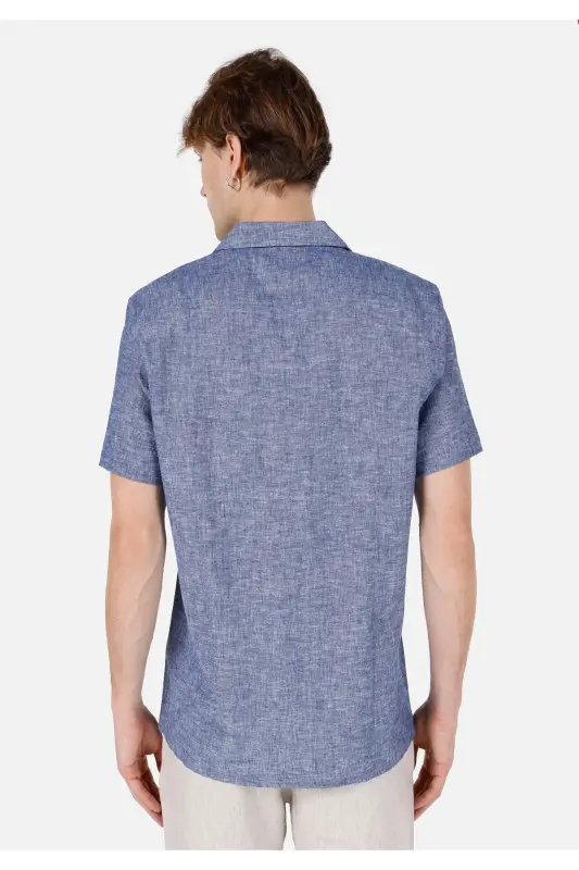Comfort Fit Shirt Neck Düz Erkek Mavi Cepli Kısa Kol Gömlek - İNDİGO - 2