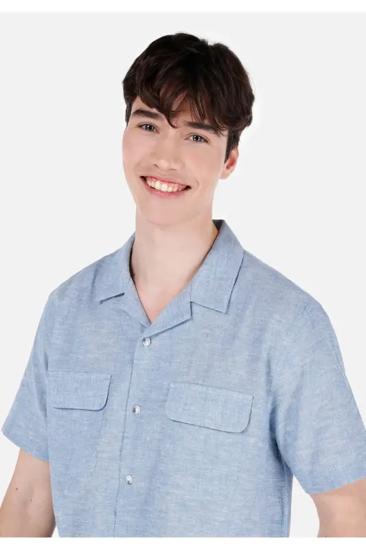 Comfort Fit Shirt Neck Düz Erkek Mavi Kısa Kol Gömlek - MAVİ - 4