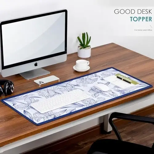 Blue Large Extended Mouse Pad, Beautiful Flowers Plants, Waterproof Mouse Mat for Home and Office, Gaming Mousepad Laptop Keyboard Mat with Non-Slip Base, Stitched Edges (35.4