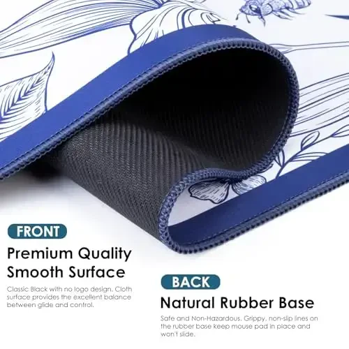 Blue Large Extended Mouse Pad, Beautiful Flowers Plants, Waterproof Mouse Mat for Home and Office, Gaming Mousepad Laptop Keyboard Mat with Non-Slip Base, Stitched Edges (35.4