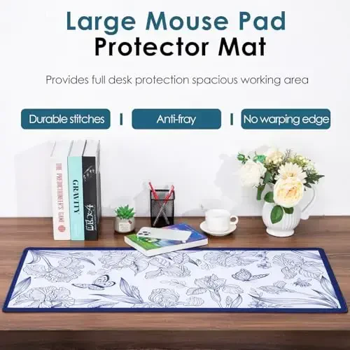Blue Large Extended Mouse Pad, Beautiful Flowers Plants, Waterproof Mouse Mat for Home and Office, Gaming Mousepad Laptop Keyboard Mat with Non-Slip Base, Stitched Edges (35.4