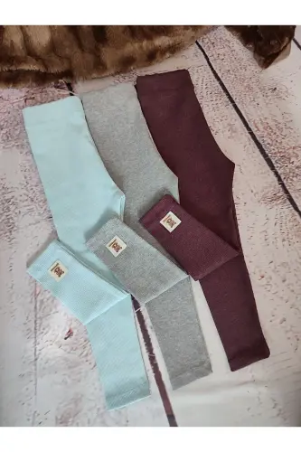 Mavi Gri Bordo 3 lü fitilli tayt seti etiket detaylı - Mavi Gri Bordo - 3