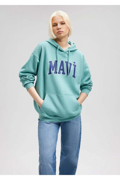 Logo Kapüşonlu Kadın Sweatshırt - YEŞİL - MAVI
