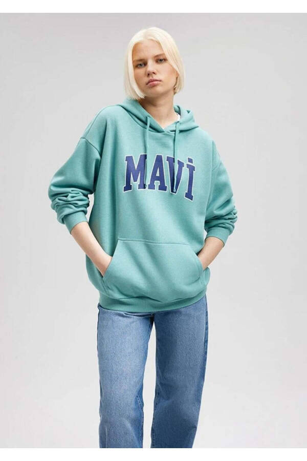 Logo Kapüşonlu Kadın Sweatshırt - YEŞİL - 1