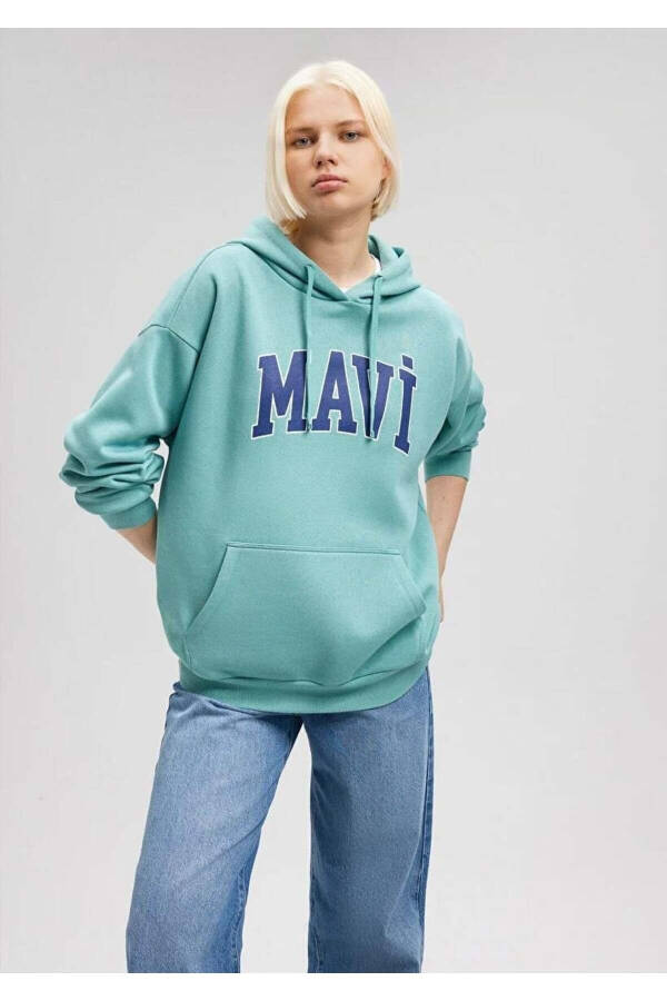 Logo Kapüşonlu Kadın Sweatshırt - YEŞİL - 2