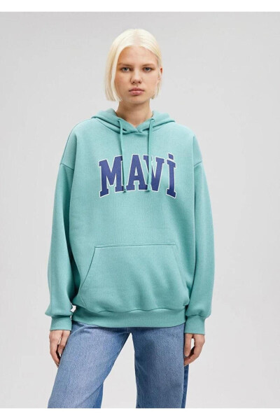 Logo Kapüşonlu Kadın Sweatshırt - YEŞİL - 4
