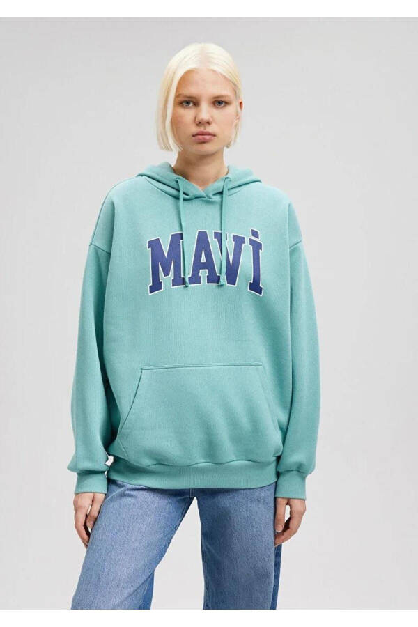 Logo Kapüşonlu Kadın Sweatshırt - YEŞİL - 4