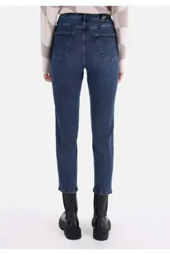 Slim Fit Orta Bel Daralan Paça Kadın İndigo Jean Pantolon - 2