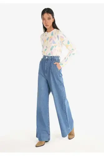 Regular Fit Yüksel Bel Geniş Paça Cepli Kadın İndigo Denim Jean Pantolon - 3