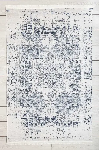Mavi Klasik Desenli Şönil Makina Halısı Saçaklı Kaymaz Taban Halı 7411 - Mavi - ORIENTE HOME (1)