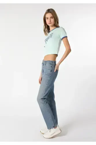 Regular Fit Orta Bel Slim Straight Leg Kadın İndigo Jean Pantolon - 4