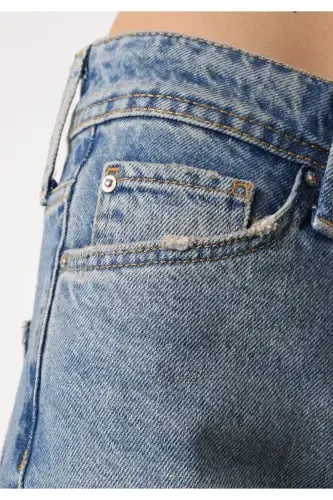 Regular Fit Orta Bel Slim Straight Leg Kadın İndigo Jean Pantolon - 6
