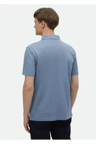 Mavi Düz Polo Yaka %100 Pamuk T-Shirt - 5