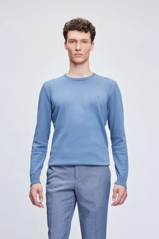 Mavi Regular Fit Bisiklet Yaka 100% Pamuklu Triko Kazak - Mavi01-01 - HATEMOĞLU