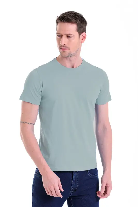 Mavi Regular Fit Düz 100% Pamuk Bisiklet Yaka Tişört - Mavi - 4