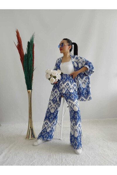 Mavi Renk Moda Desenli İkili Kimono Takım (Rahat Kalıp) - 18