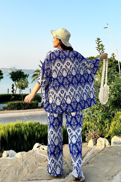 Mavi Renk Moda Desenli İkili Kimono Takım (Rahat Kalıp) - 8