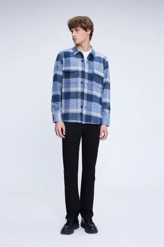 Mavi Shacket Comfort Fit Uzun Kol Pamuklu Kareli Gömlek-Mavi - HATEMOĞLU (1)