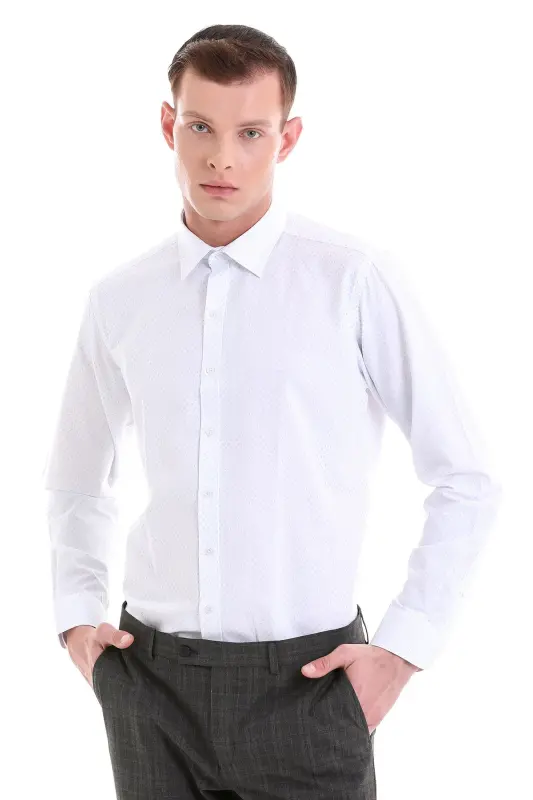 Mavi Slim Fit Baskılı Pamuklu Slim Yaka Uzun Kollu Klasik Gömlek - Mavi - 1