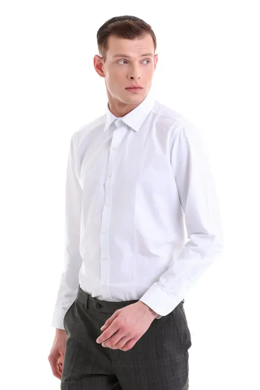 Mavi Slim Fit Baskılı Pamuklu Slim Yaka Uzun Kollu Klasik Gömlek - Mavi - 3