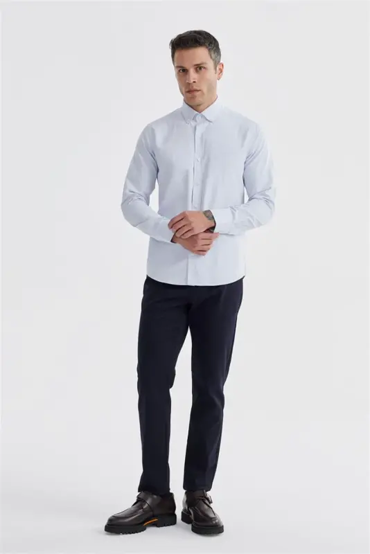 Mavi Slim Fit Desenli Pamuklu Düğmeli Yaka Gömlek - JAKAMEN