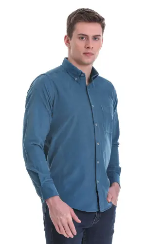 Mavi Slim Fit Düz %100 Pamuk Düğmeli Yaka Uzun Kollu Klasik Gömlek - Mavi - 1