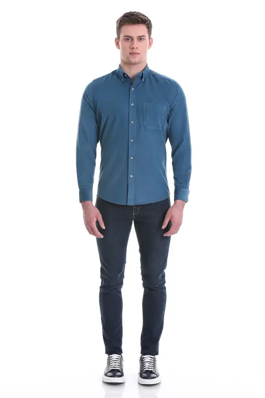 Mavi Slim Fit Düz %100 Pamuk Düğmeli Yaka Uzun Kollu Klasik Gömlek - Mavi - 2