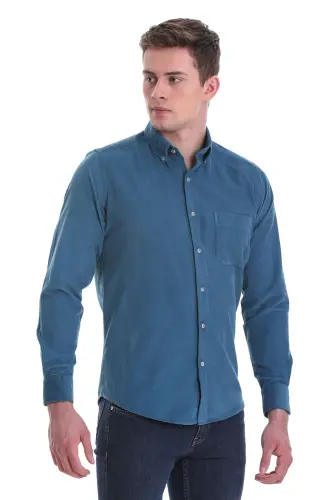 Mavi Slim Fit Düz %100 Pamuk Düğmeli Yaka Uzun Kollu Klasik Gömlek - Mavi - 3