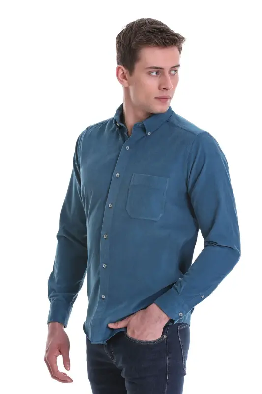 Mavi Slim Fit Düz %100 Pamuk Düğmeli Yaka Uzun Kollu Klasik Gömlek - Mavi - 4