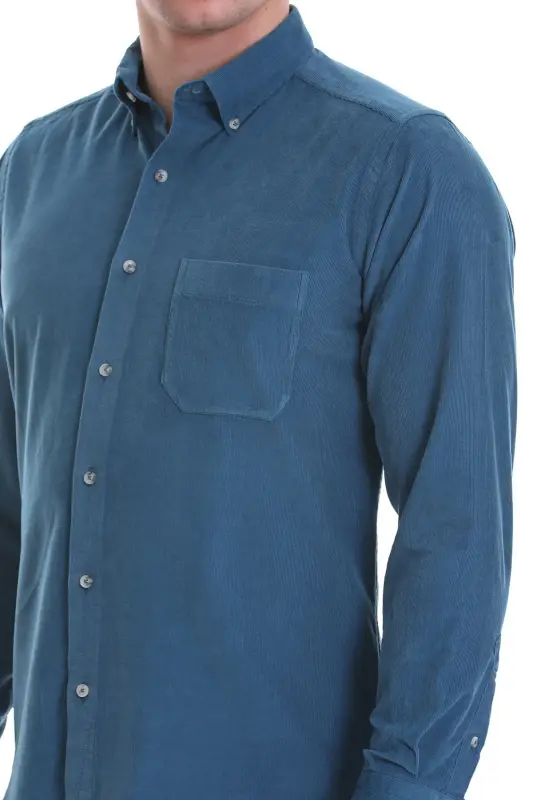 Mavi Slim Fit Düz %100 Pamuk Düğmeli Yaka Uzun Kollu Klasik Gömlek - Mavi - 5
