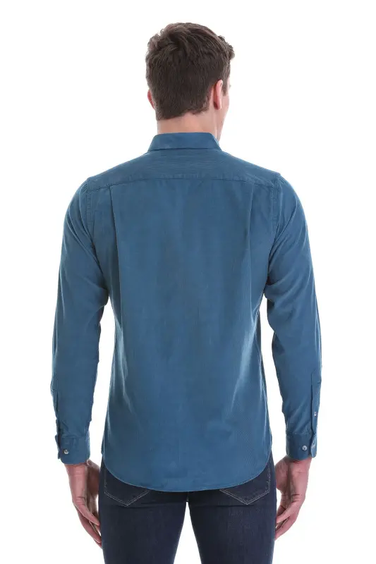 Mavi Slim Fit Düz %100 Pamuk Düğmeli Yaka Uzun Kollu Klasik Gömlek - Mavi - 6