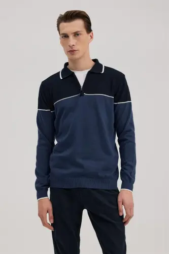 Mavi Slim Fit Fermuarlı Polo Yaka Triko - 1