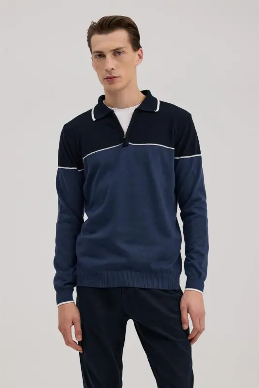 Mavi Slim Fit Fermuarlı Polo Yaka Triko - 1