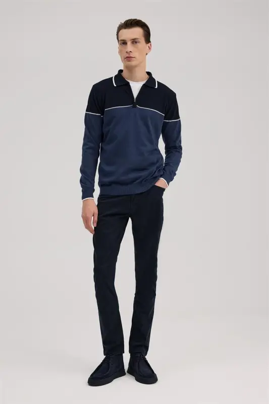 Mavi Slim Fit Fermuarlı Polo Yaka Triko - 2