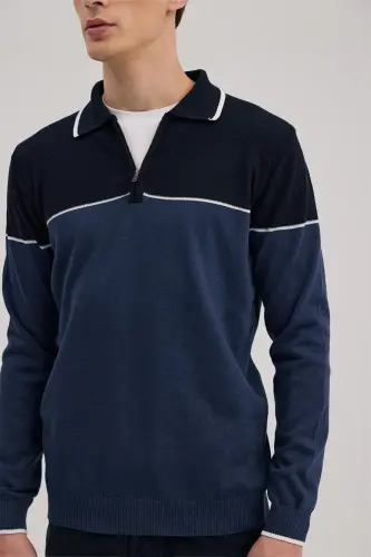 Mavi Slim Fit Fermuarlı Polo Yaka Triko - 3
