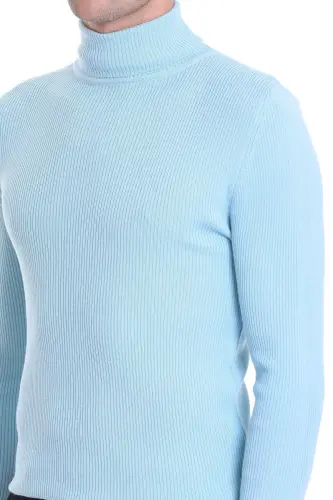 Mavi Slim Fit Fitilli Balıkçı Yaka Yünlü Triko Kazak - Mavi02-1 
