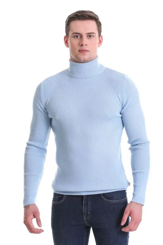 Mavi Slim Fit Fitilli Balıkçı Yaka Yünlü Triko Kazak - Mavi - HATEMOĞLU