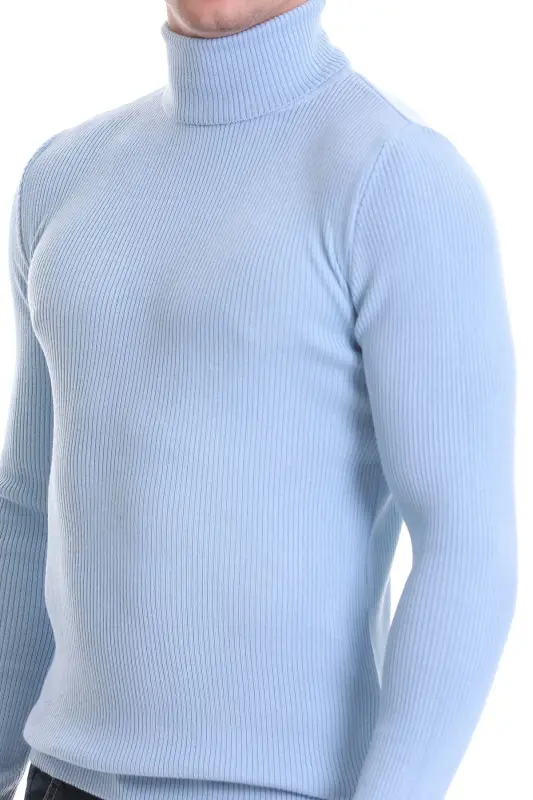 Mavi Slim Fit Fitilli Balıkçı Yaka Yünlü Triko Kazak - Mavi - 5